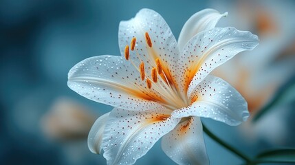 A beautiful white lily with orange stamen, petals speckled. Use it for floral designs, greeting cards, and springtime promotions.
