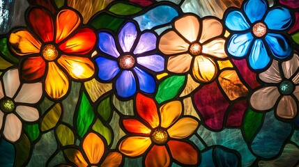 Stained glass artwork displays colorful flower designs within a textured, translucent background.