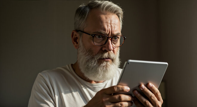 Senior man with grey beard and glasses reading tablet with concerned expression. Digital literacy scene for online safety campaigns and technology education for elderly population