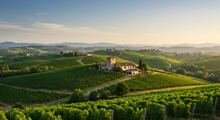 Naklejka premium vineyard, winery, wine, Vineyard landscape at sunset