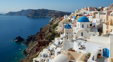 Fototapeta premium Santorini, Greece, Oia, Santorini Island Greece, Whitewashed Houses and Blue Domes