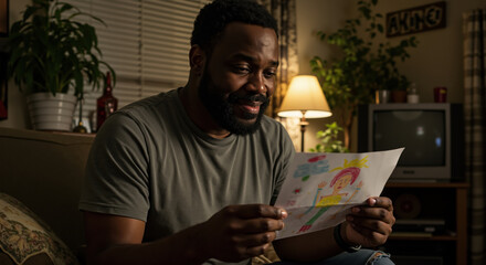 African American father smiling at child's drawing in cozy living room. Emotional family connection demonstrating parental love and appreciation of children's creativity