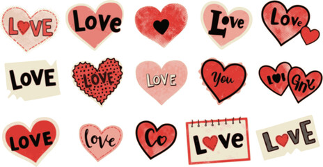 Love and Valentine's day halftone art collage cut outs set. Various paper clipping shapes, romantic stickers with vintage dotted texture and doodles Modern retro grunge mixed media vector illustration