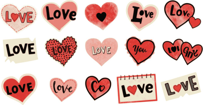Love and Valentine's day halftone art collage cut outs set. Various paper clipping shapes, romantic stickers with vintage dotted texture and doodles Modern retro grunge mixed media vector illustration
