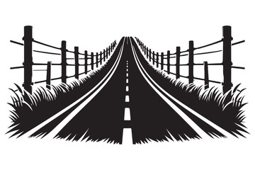 Perspective View of Country Road with Fence Silhouette Illustration