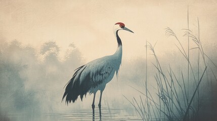 Fototapeta premium Crane in Misty Landscape