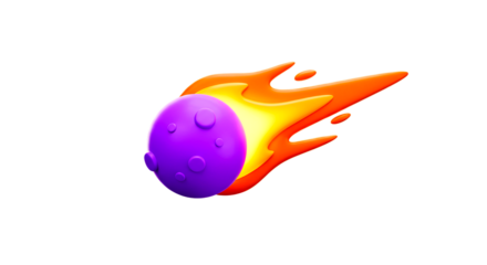A purple cartoon meteor with craters and orange flame trail on a black background illustration art