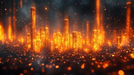 Fototapeta premium Fiery, glowing city in a dark, sparkling landscape