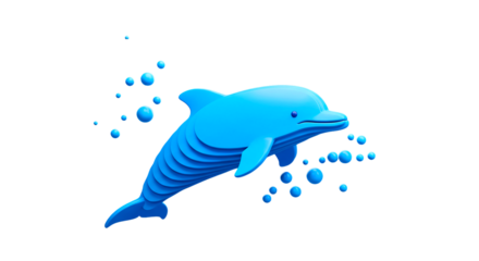 A blue dolphin with layered body swimming with blue bubbles on a plain black background scene render