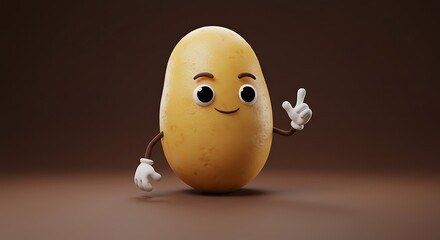 Potato Character Pointing Upward on Brown Background