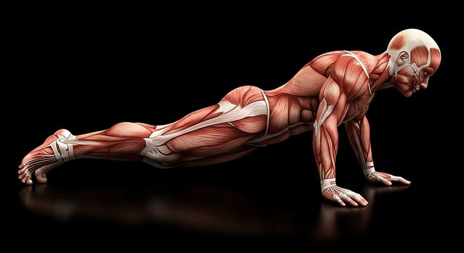 Push Up Anatomy Illustration Exercise with Muscles and Bones