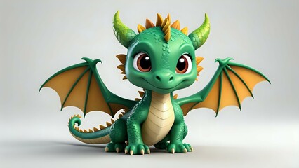 Naklejka premium Adorable 3D rendered baby dragon with big eyes, green scales, and orange wings, sitting against a light gray background. Perfect for children's books, games, or fantasy projects.