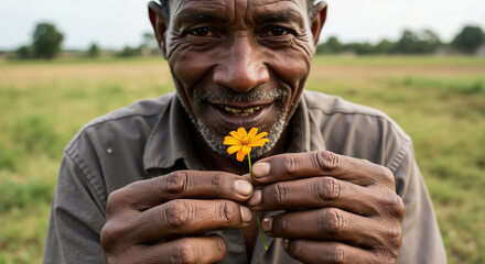 African American senior man holding small yellow flower with genuine smile in rural field. Finding joy in simple nature moments for emotional wellbeing and mental health awareness