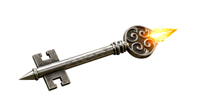 A silver ornate key with a decorative head and fire coming out of it on a black background is shown