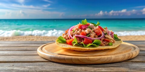 Tuna Ceviche Tostada on Beach in Mexico, wooden, seafood,  wooden, seafood, landscape, freshness, ocean, tropical, casual, beachy