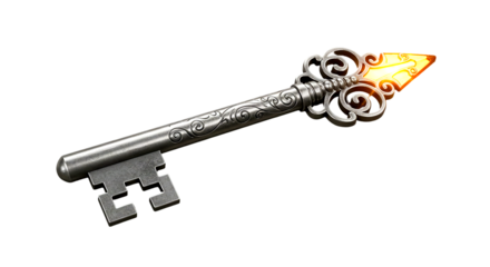 A silver key with intricate designs and a glowing orange tip isolated on a black background image view