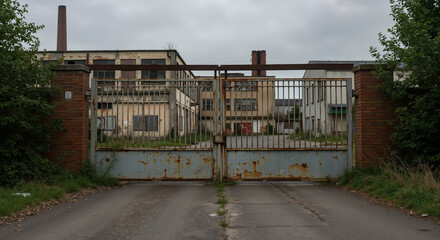 Obraz premium Abandoned industrial factory behind rusty gate with overgrown entrance. Urban decay imagery for documentaries about economic decline and post-industrial transformation