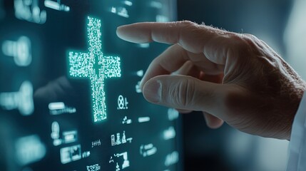 Close-up of a doctor's hand touching a digital medical cross icon on a virtual screen. 