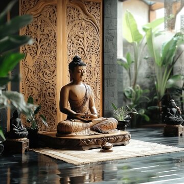 Serene Buddha statue meditating before intricately carved wooden doors, flanked by lush greenery