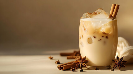 Creamy iced chai latte with cinnamon sticks and star anise, set against a soft beige backdrop