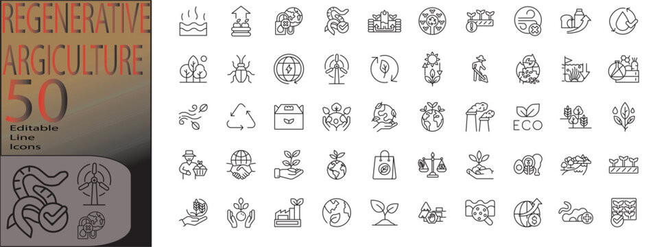 regenerative agriculture line editable icon set. Editable stroke. Vector illustration