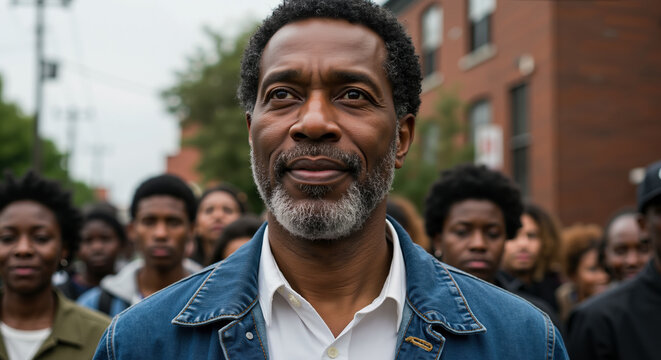 African American man with gray beard in denim jacket standing amid crowd. Powerful portrait for social justice campaigns and community leadership representation