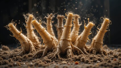 Close-Up View of Root System Emerging from Soil with Particles Floating in Natural Light