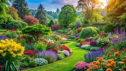 Obraz premium Garden scene with vibrant flowers, lush greenery, and a serene atmosphere, set amidst natural surroundings , garden