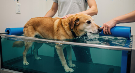 Golden retriever dog in hydrotherapy tank with blue float support and handlers assisting. Physical rehabilitation treatment for injured pets promoting muscle strengthening