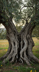 Ancient olive tree trunk showing twisted branches and textured bark in sunlight