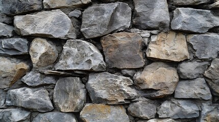 Fototapeta premium Photograph of stone wall, irregular assemblage of grey and brown rocks, textured surface.