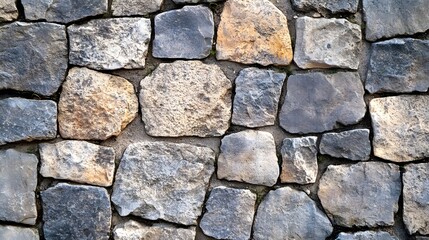 Fototapeta premium Photograph of stone wall, irregularly shaped blocks, varying shades of grey and beige, textured surface.