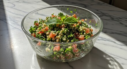Serving Tabbouleh Salad in Glass Bowl on Marble Surface