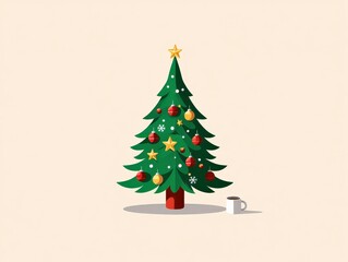 Small office Christmas tree icon in flat vector style on a desk with coffee mug, green beige modern color palette, festive minimalist business illustration, Vector Design, Isolated..