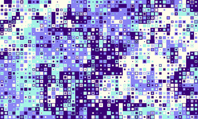 Fototapeta premium Abstract digital pixel art background. Vibrant shades of purple, blue, and white create a dynamic, textured pattern ideal for website banners, tech presentations, or modern design projects.