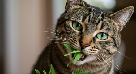 Obraz premium Tabby cat with bright green eyes holding fresh herbs in mouth against blurred background. Natural feline behavior showing instinctive plant consumption for digestive health benefits