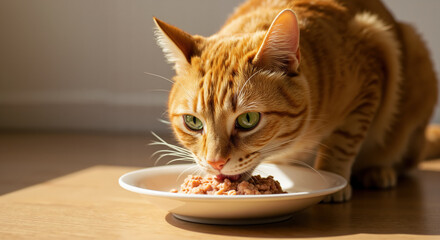 Ginger tabby cat eating wet food from white ceramic plate on wooden table in warm sunlight. Natural pet nutrition promoting feline health and proper feeding habits for domestic cats