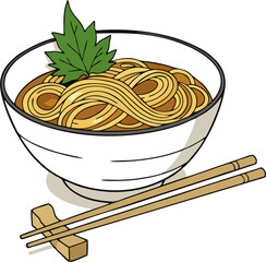 noodle bowl with green leaf and bamboo chopsticks, clean outline