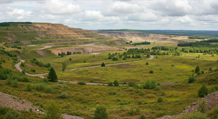 Obraz premium Former quarry site with exposed rock layers surrounded by green vegetation and winding roads under cloudy sky