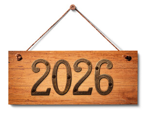 2026年の金属プレートの付いた、木製のサインボード