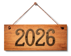 2026年の金属プレートの付いた、木製のサインボード