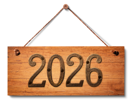 2026年の金属プレートの付いた、木製のサインボード