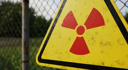 Weathered radioactive warning sign mounted on chain-link fence with blurred vegetation in background. Nuclear safety hazard alert for environmental protection and industrial danger awareness campaigns