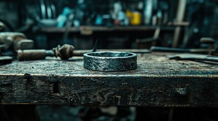 Dark metal ring on workbench