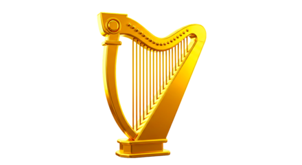A shiny golden harp with strings standing on a pedestal against a black background image rendering