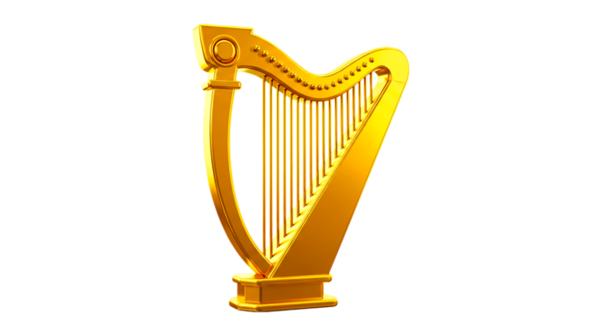 A shiny golden harp with strings standing on a pedestal against a black background image rendering