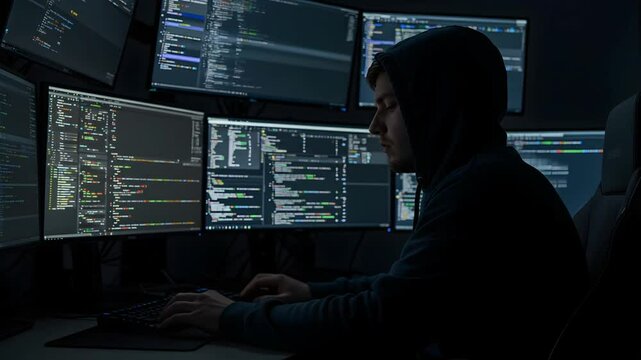 Man Typing Code on Multiple Computer Screens in Dark Room for selling stolen data, blackmailing
