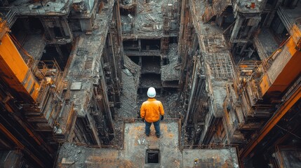 Engineer surveying derelict factory, post-disaster assessment