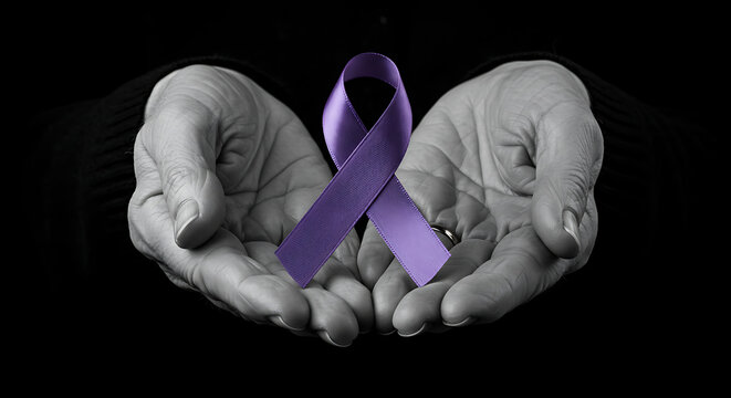 Gentle hands hold purple ribbon symbol of hope and support for epilepsy awareness fight bravely