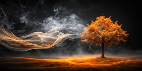 A serene orange mist swirls around a lone tree on a black background, with wispy smoke trails trailing upwards towards the horizon , smoke effect, mysterious surroundings